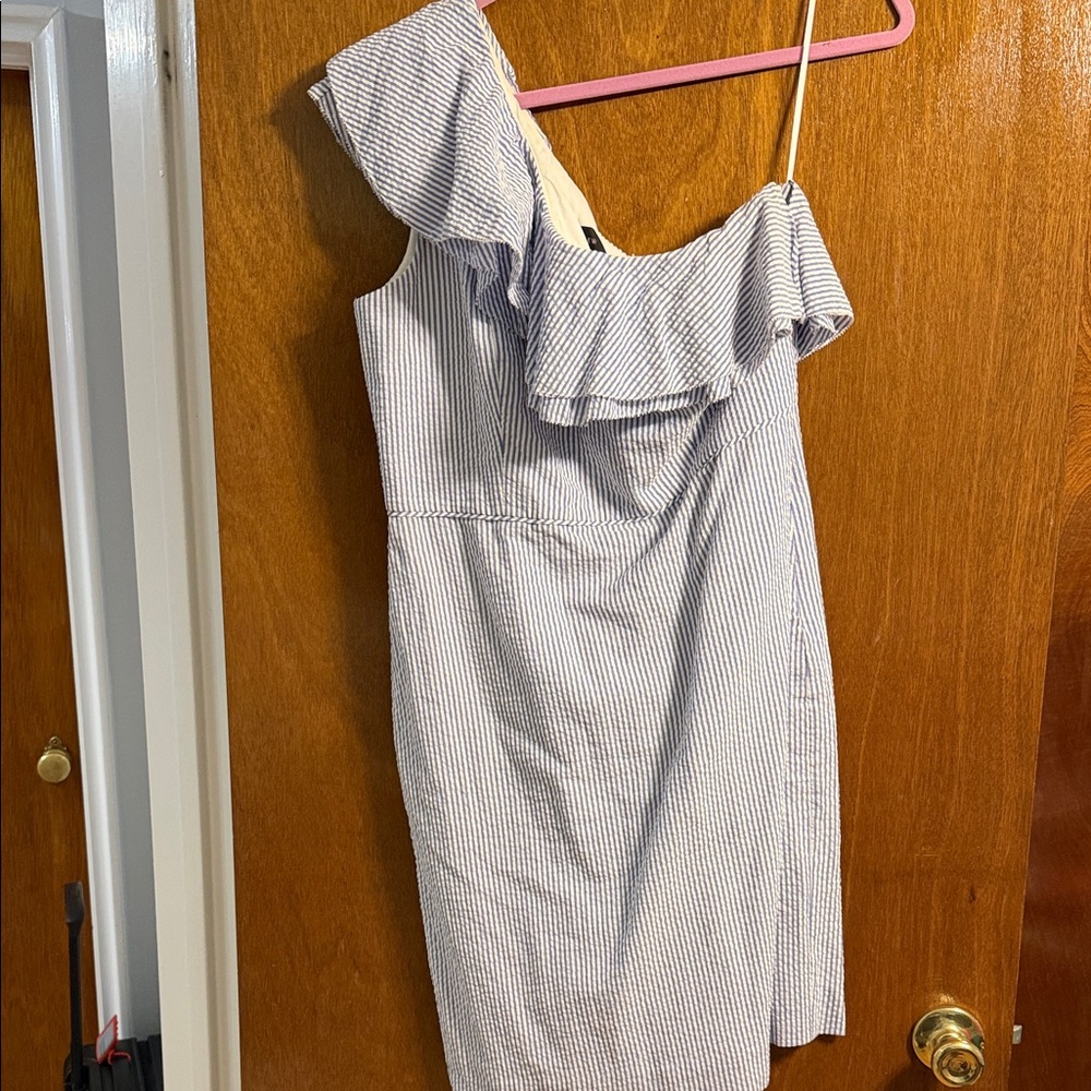 One-Shoulder Seersucker Ruffle Dress in White and Navy